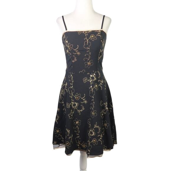 Vintage 90s Steppin' Out Black and Gold Floral Embroidered Party Dress S - Picture 1 of 5